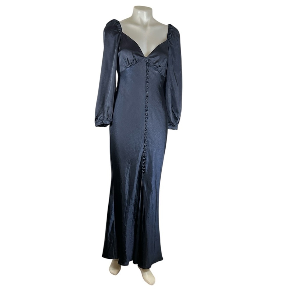 Dress Forum navy blue satin button front long sleeve maxi dress size small NWT